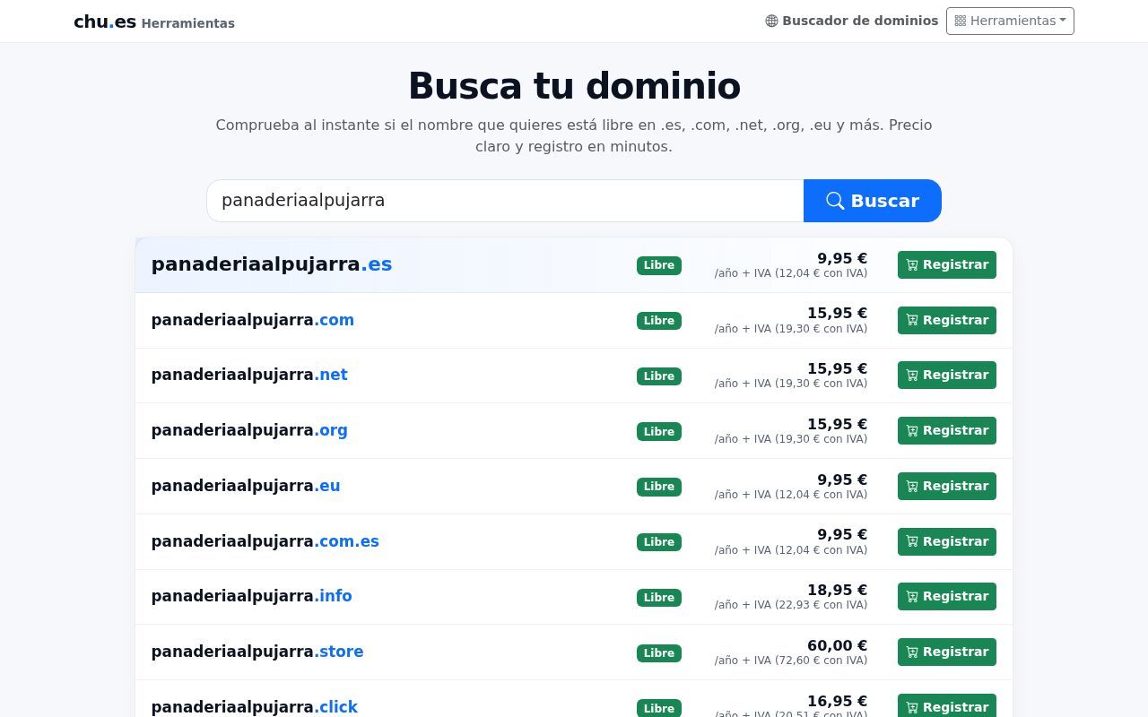 Buscador de dominios de chu.es con precio y disponibilidad