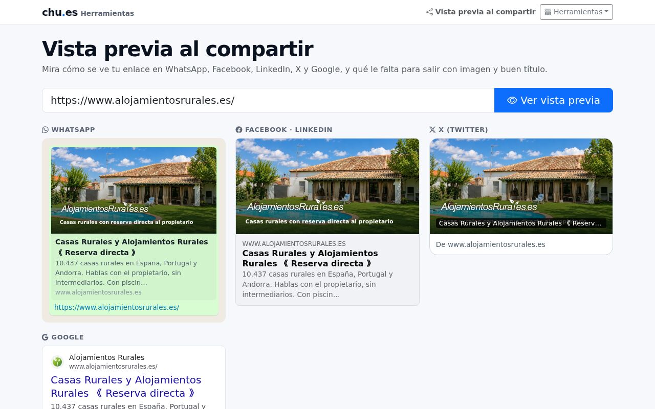 Vista previa de un enlace en WhatsApp, Facebook, X y Google